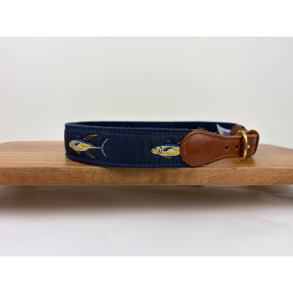 Preston Belt 24 Navy Blue Tuna Fish Embroidered Nautical Preppy Canvas Leather